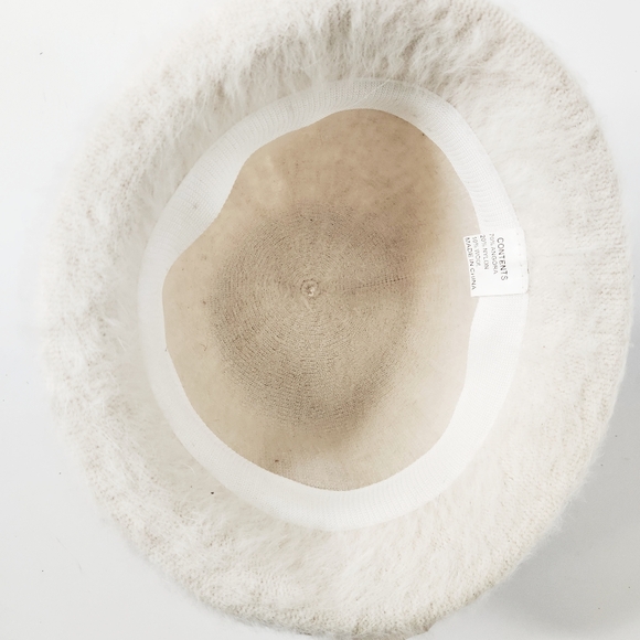 Vintage Angora Fur Wool Blend White Fuzzy Cloche Hat Peach Colored Satin Flowers - Picture 4 of 8